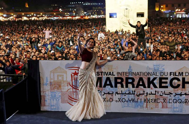 Bollywood actress Madhuri Dixit-Nene takes a selfie during the 15th Marrakech International Film Festival in Morocco. Youssef Boudlal / Reuters