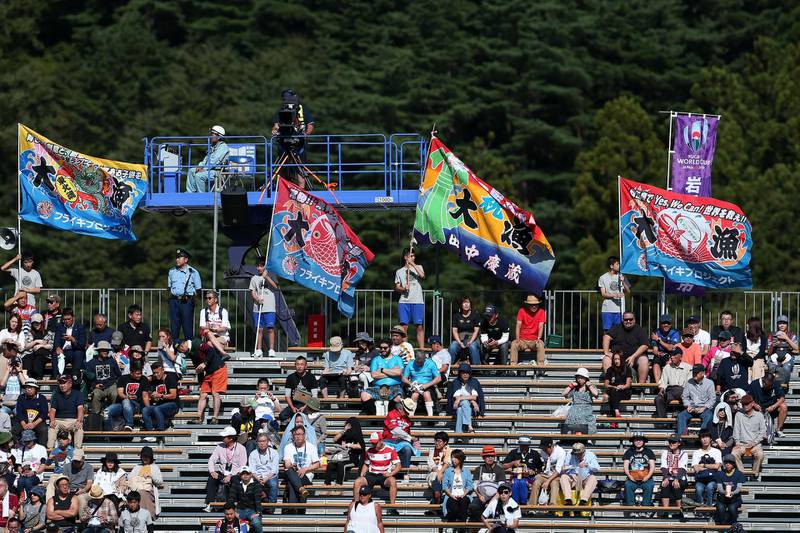Local rugby fans wave the 'Tairyo-Bata', or good harvest flags, prior to the Rugby World Cup 2019 Group D game between Fiji and Uruguay at Kamaishi Recovery Memorial Stadium in Kamaishi, Iwate, Japan. Getty Images