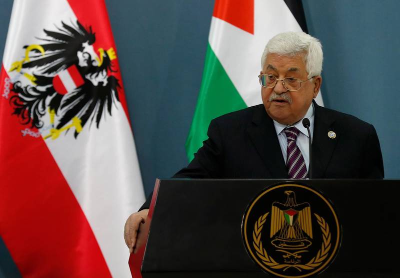 epa07345310 Palestinian President Mahmoud Abbas speaks during a joint press conference with Austrian President Alexander Van der Bellen (not pictured) in the West Bank town of Ramallah, 05 February 2019. Alexander Van der Bellen is on official visit to Israel and the Palestinian territories.  EPA/ATEF SAFADI