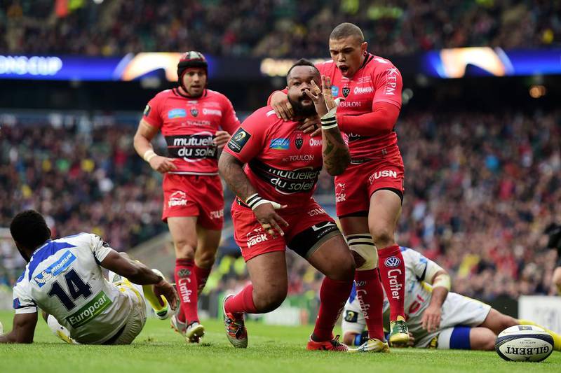 Bryan Habana, right, celebrating after teammate Mathieu Bastareaud scored a try for French side Toulon. Getty