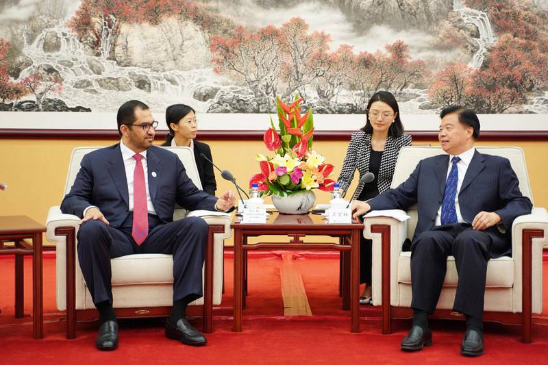 His Excellency Dr. Sultan Ahmed Al Jaber, UAE Minister of State and Abu Dhabi National Oil Company Group CEO, meets with Wang Yilin, Chairman of the China National Petroleum Corporation (CNPC). It was one of a series of meetings H.E. Dr. Al Jaber held with Chinese oil, gas, refining and petrochemical industry leaders, during his visit to Beijing. Courtesy Adnoc