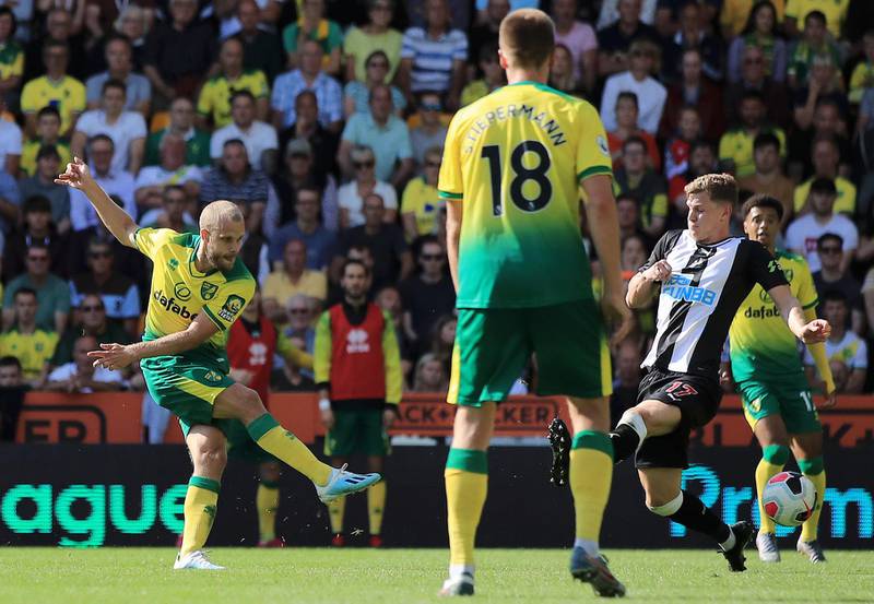 NORWICH, ENGLAND - AUGUST 17: Teemu Pukki of Norwich City scores his team's second goal during the Premier League match between Norwich City and Newcastle United at Carrow Road on August 17, 2019 in Norwich, United Kingdom. (Photo by Marc Atkins/Getty Images)