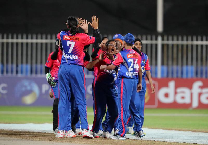 Sharjah, United Arab Emirates - Reporter: Paul Radley. Sport. Cricket. Falcons celebrate forcing the super over. The Women's All Stars D10, ECB Hawks and ECB Falcons. Monday, April 5th, 2021. Sharjah. Chris Whiteoak / The National