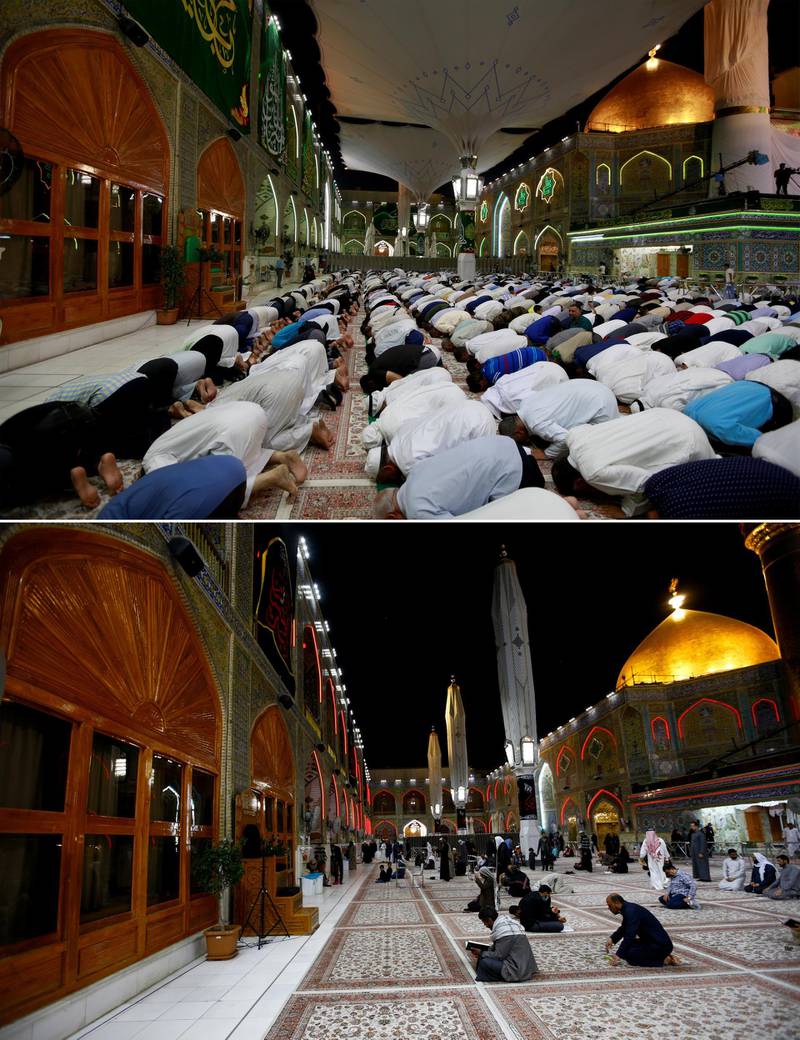A combination picture shows worshippers attending a prayer at the Imam Ali shrine in the holy Shi'ite city of Najaf, Iraq August 23, 2019 (top), and Shi'ite Muslims at Imam Ali Shrine while it is almost empty.  Reuters