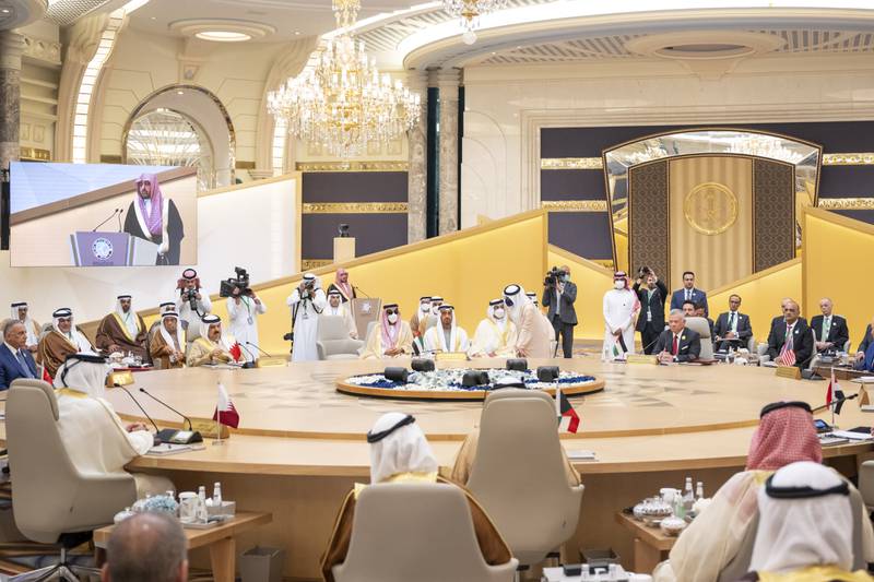 The President, Sheikh Mohamed takes part in the Jeddah Security and Development Summit, at the King Abdullah International Convention Centre. Also pictured are National Security Adviser Sheikh Tahnoun bin Zayed, Deputy Prime Minister and Minister of Presidential Affairs Sheikh Mansour bin Zayed and Minister of Foreign Affairs and International Co-operation Sheikh Abdullah bin Zayed.