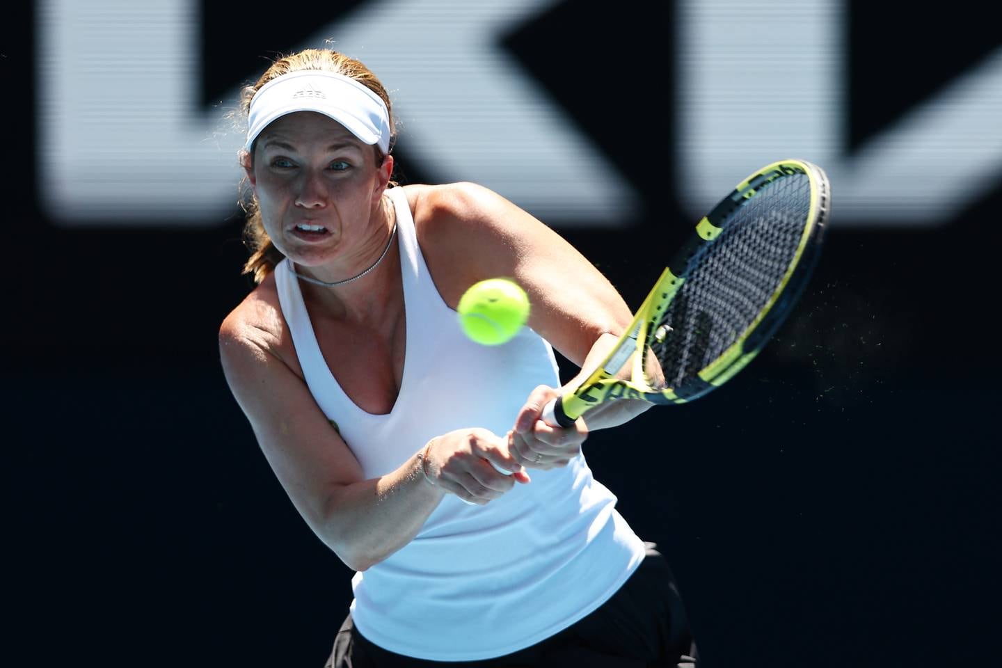 Danielle Collins is through to the Australian Open quarter-finals after outlasting Elise Mertens. Getty Images