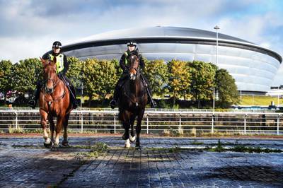 Police Scotland mounted officers patrol near the SSE Hydro venue in Glasgow. As part of the summit, world leaders are holding talks on November 1 and 2. Prime Minister Boris Johnson will represent Britain and US President Joe Biden will be there. AFP