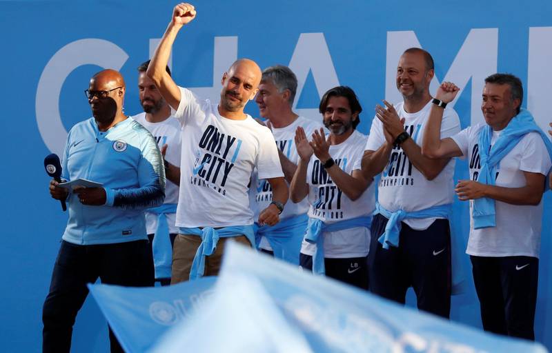 Soccer Football - Premier League - Manchester City Premier League Title Winners Parade - Manchester, Britain - May 14, 2018   Manchester City manager Pep Guardiola on stage during the parade   Action Images via Reuters/Andrew Boyers