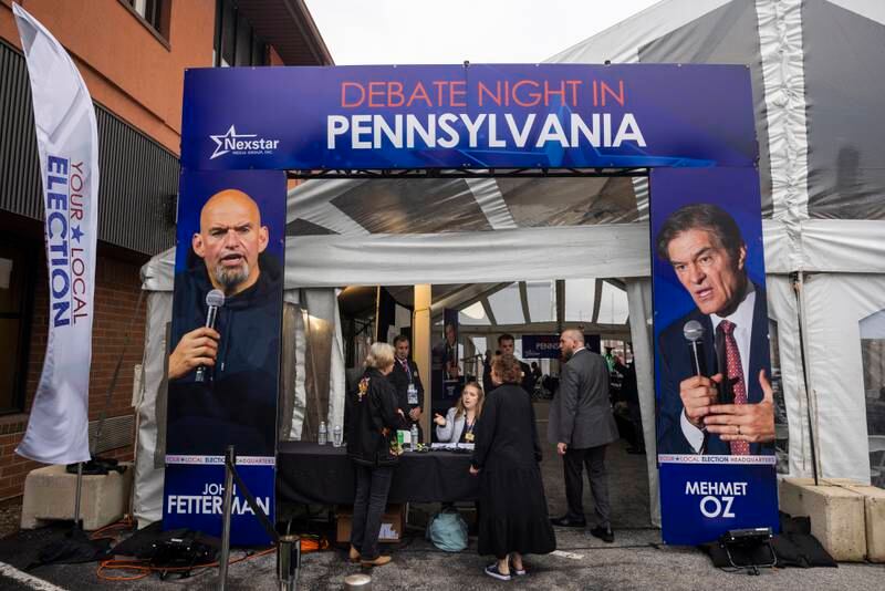 A sign outside the Pennsylvania Senate debate between Democratic candidate John Fetterman and Republican Mehmet Oz in Harrisburg, Pennsylvania, on Tuesday.  EPA