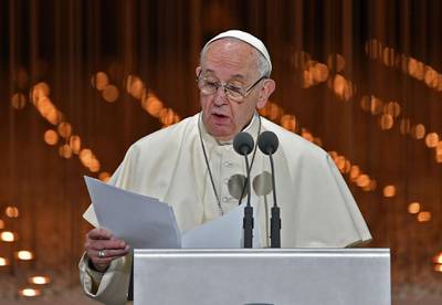 Pope Francis delivers a speech during the Founder's Memorial event. AFP