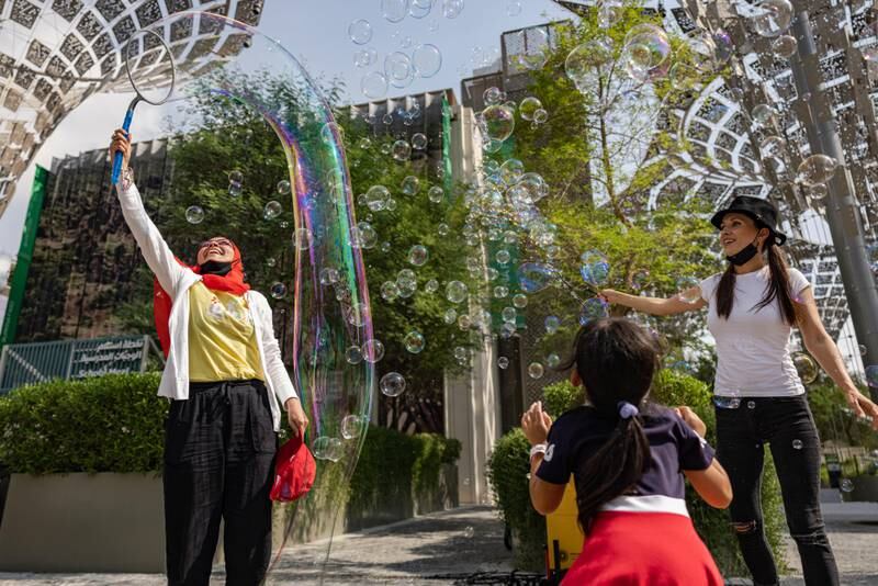 A bubble performer entertains visitors to the world's fair. Photo: Expo 2020 Dubai