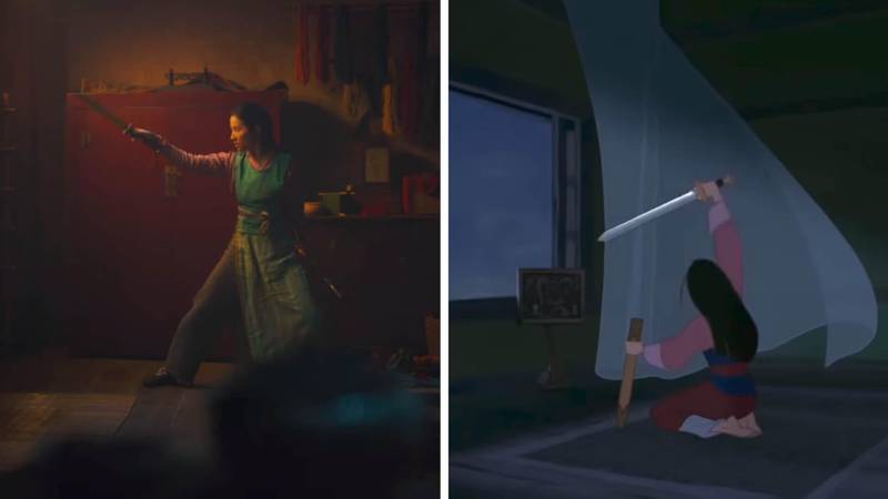 Mulan can be seen training to fight in both of the movies' trailers. Courtesy Disney 