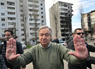 UN Secretary General Antonio Guterres visits Borodianka on April 28. AFP
