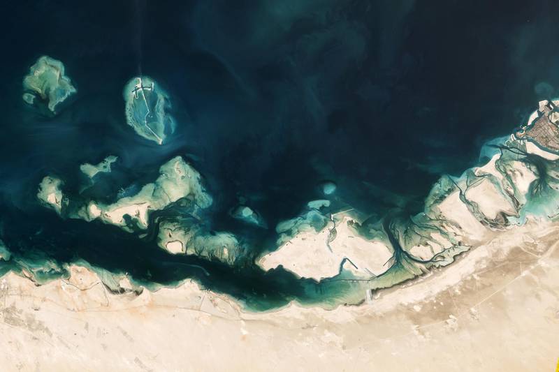 Mangroves, salt domes, salt flats and coral reefs on the south-west coast of the UAE, near Abu Dhabi, captured in 2001. Nasa’s Earth Observatory