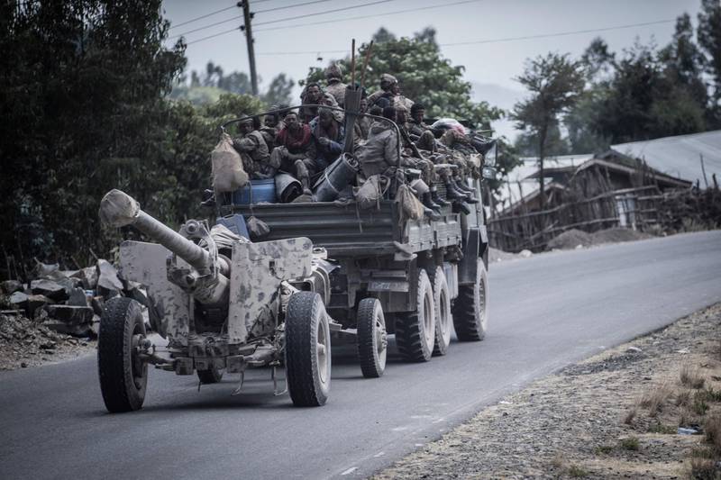 Members of the Ethiopian National Defence Force (ENDF) transport a Saeer KS-19 automatic 100mm anti-aircraft gun in Shewa Robit, Ethiopia, on Sunday. AFP