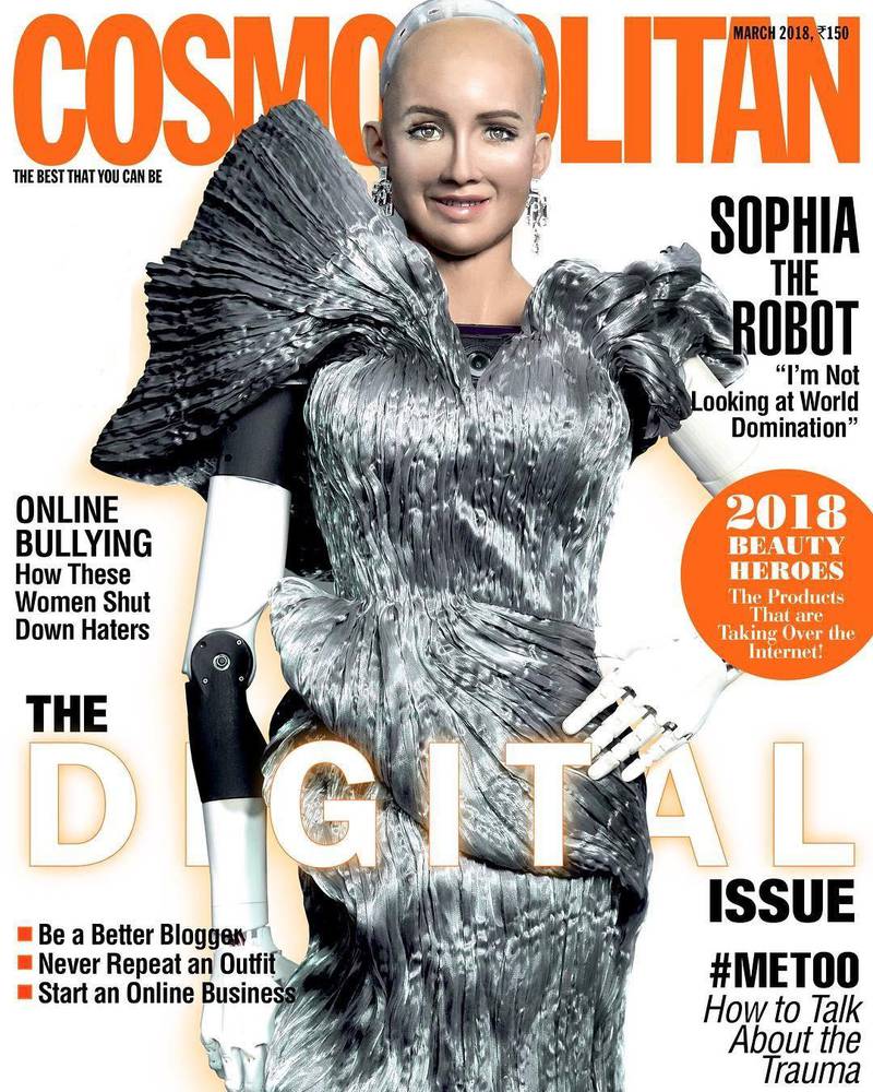 Humanoid robot Sophia - a citizen of Saudi Arabia - is Cosmopolitan India's March cover star.