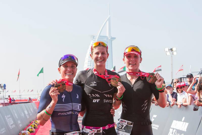 Dubai, United Arab Emirates - (L-R) Pamela Oliveira(3rd) Imogen Simmonds (1st) and Danielle Dingman (2nd) in women's Ironman at the Ironman race at Jumeirah open beach, Dubai. Leslie Pableo for The National