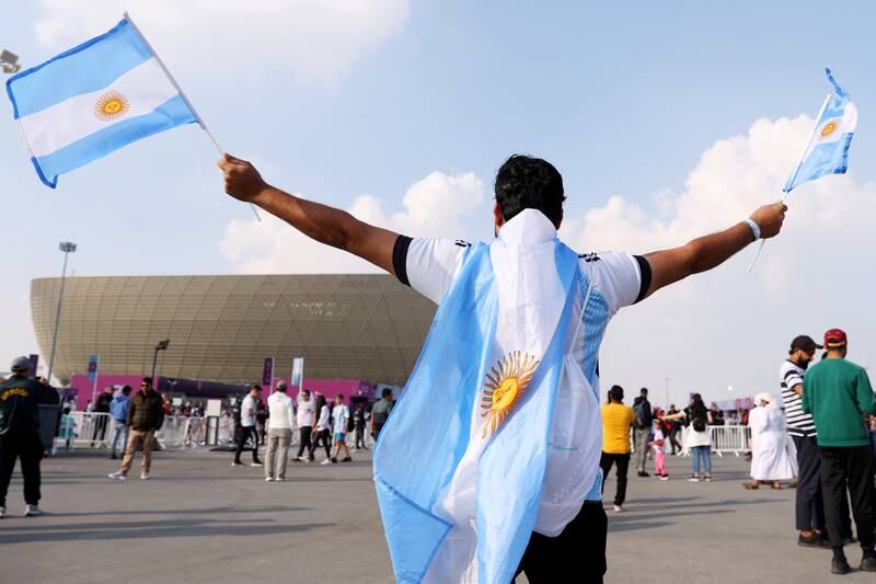 An Argentina fan outside Lusail Stadium ahead of the World Cup 2022 closing ceremony. Getty Images