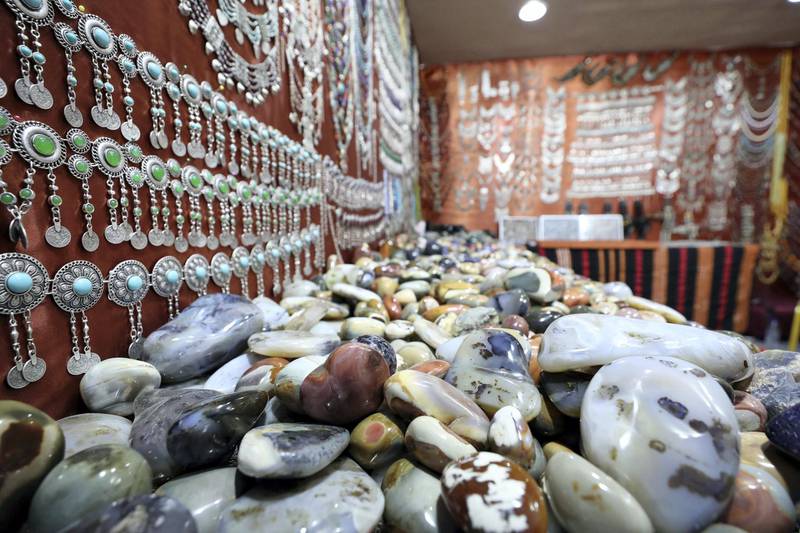 Sharjah, United Arab Emirates - Reporter: Razmig Bedirian. Arts. Colourful stones and jewellery on sale at the Yemeni section at the Heart of Sharjah for Sharjah Heritage Days. Monday, March 22nd, 2021. Sharjah. Chris Whiteoak / The National