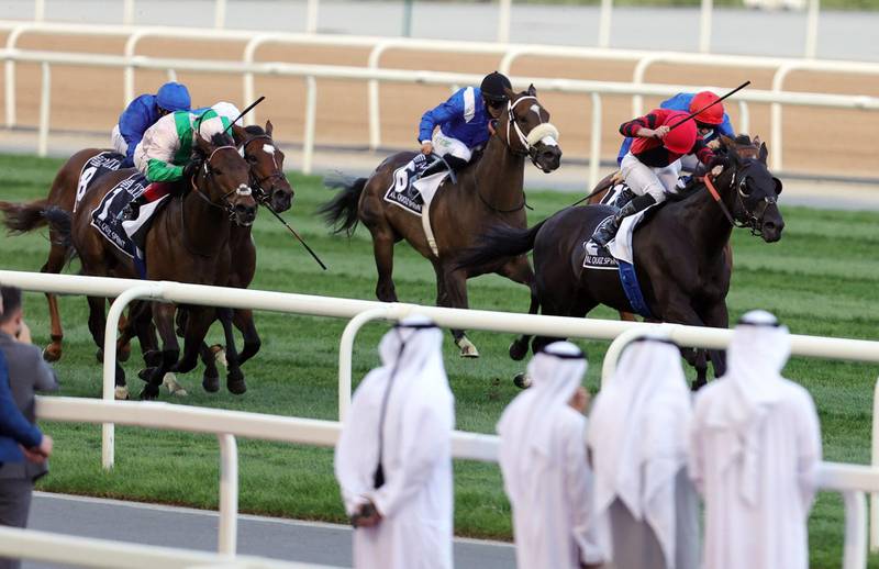 Extravagant Kid ridden by Ryan Moore in action in Al Quoz Sprint.  Reuters