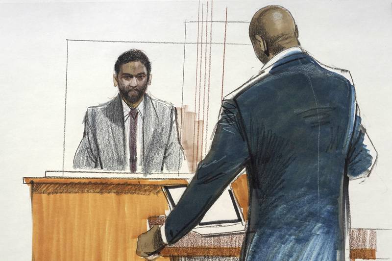 A sketch showing Smollett being questioned by his defense attorney Nenye Uche. AP