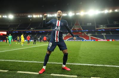 This handout photograph taken and released by the UEFA on March 11, 2020, shows  Paris Saint-Germain's Brazilian forward Neymar celebrating after winning the   UEFA Champions League round-of-16 second leg football match between Paris Saint-Germain (PSG) and Borussia Dortmund at the Parc des Princes stadium in Paris. The match is held behind closed doors due to the spread of COVID-19, the new coronavirus. - RESTRICTED TO EDITORIAL USE - MANDATORY CREDIT "AFP PHOTO / GETTY / UEFA" - NO MARKETING NO ADVERTISING CAMPAIGNS - DISTRIBUTED AS A SERVICE TO CLIENTS


 / AFP / GETTY/UEFA / - / RESTRICTED TO EDITORIAL USE - MANDATORY CREDIT "AFP PHOTO / GETTY / UEFA" - NO MARKETING NO ADVERTISING CAMPAIGNS - DISTRIBUTED AS A SERVICE TO CLIENTS


