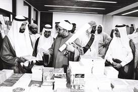 UAE Founding Father, the late Sheikh Zayed bin Sultan Al Nahyan with exhibitors and officials at the Islamic Book Fair in May 1981. Photo: Wam Archives