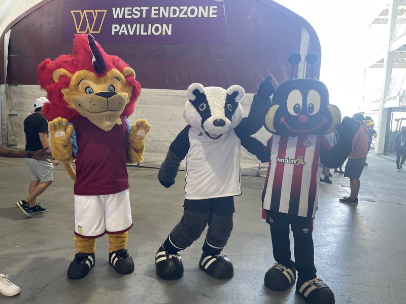Mascots for Aston Villa, Fulham and Brentford pose for a photo. The National / Kyle Fitzgerald