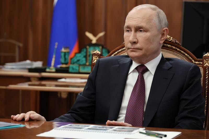 Russian President Vladimir Putin attends a meeting with Denis Pushilin, Moscow-installed acting leader of the Russian-controlled parts of Ukraine's Donetsk region. Reuters