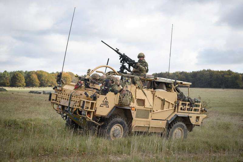 SALISBURY, ENGLAND - OCTOBER 13: A Jackal armoured vehicle is seen during a Mission Rehearsal Exercise ahead of the UK Task Group deployment to Mali, on the Ministry of Defence training area on Salisbury Plain, on October 13, 2020 in Salisbury, England.  Later this year, 300 military personnel will join the UN in Mali on a peacekeeping mission and help counter instability following a coup which ousted President KevØta in August. The United Nations Multidimensional Integrated Stabilization Mission in Mali (MINUSMA) was formed in response to the seizing of territory by militant Islamists following a coup in 2012. The crisis in Mali has thrust 12.9 million into a precarious security situation, according to a UN estimate, with 6.8 million in need of humanitarian assistance. (Photo by Leon Neal/Getty Images)