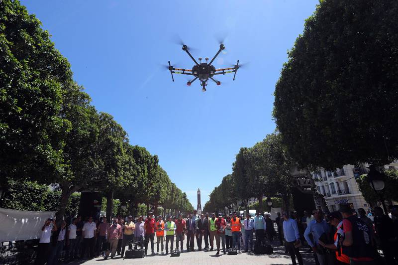 A drone with a thermal camera flies over Habib Burgiba Street in Tunis, Tunisia. EPA