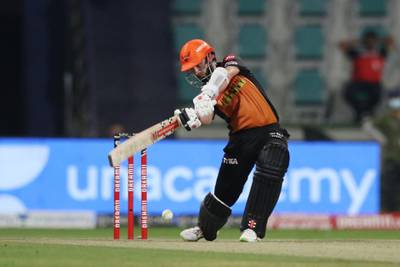 Kane Williamson of Sunrisers Hyderabad plays a shot during the eliminator match of season 13 of the Dream 11 Indian Premier League (IPL) between the Sunrisers Hyderabad and the Royal Challengers Bangalore at the Sheikh Zayed Stadium, Abu Dhabi  in the United Arab Emirates on the 6th November 2020.  Photo by: Pankaj Nangia  / Sportzpics for BCCI