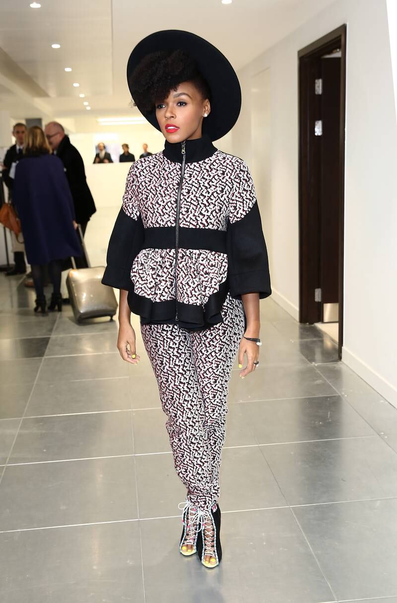 Janelle Monae, wearing a monochrome, patterned two-piece, attends the Antonio Berardi show during London Fashion Week on February 23, 2015. Getty Images
