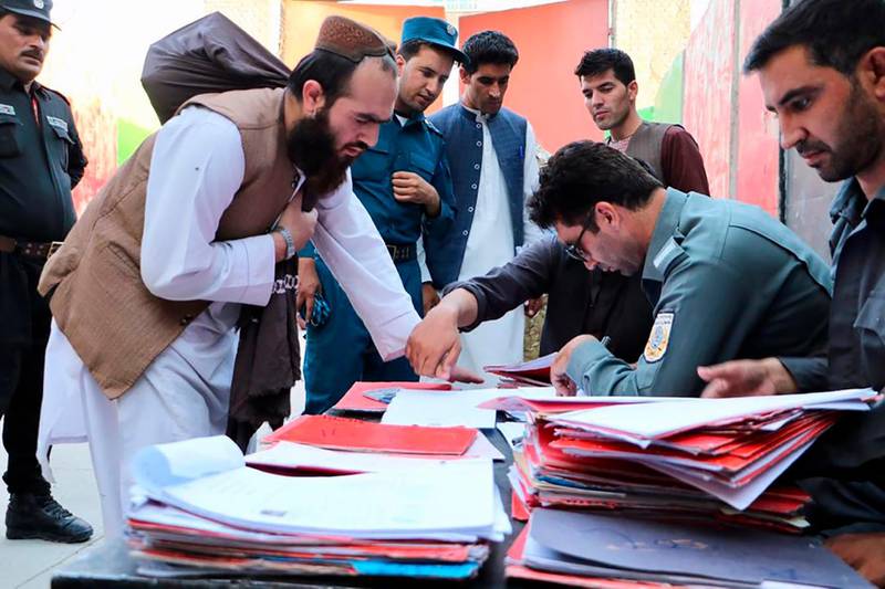 Taliban prisoners are checked with documents as they are released from Pul-e-Charkhi jail in Kabul, Afghanistan, Thursday, Aug. 13, 2020. Afghanistan released the first 80 of a final 400 Taliban prisoners, paving the way for negotiations between the warring sides in Afghanistanâ€™s protracted conflict, the government said Friday, Aug. 14, 2020. (Afghanistan's National Security Council via AP)