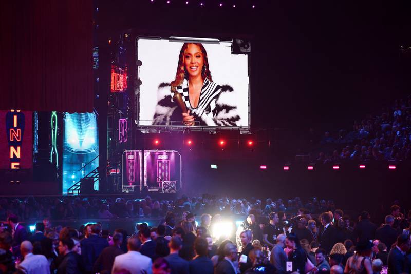 Beyonce is seen on a screen as she speaks after receiving the International Song of the Year award. Reuters