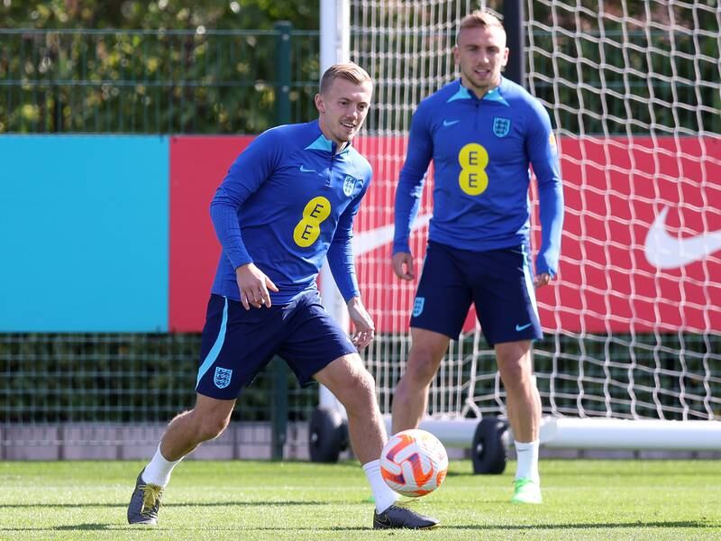 England's James Ward-Prowse and Jarrod Bowen at Tottenham Hotspur Training Centre. Getty