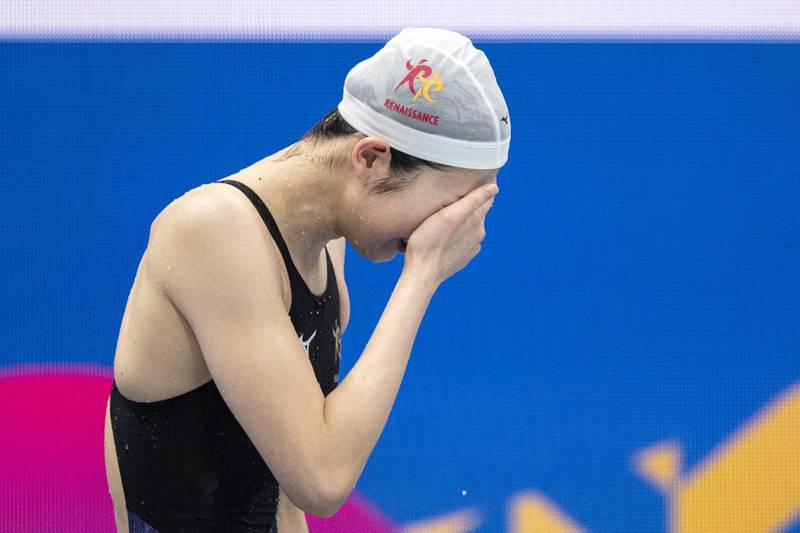 Rikako Ikee reacts after winning the 100m butterfly final during the Japan National Swimming Championships, and qualifying for the Tokyo Olympics. AFP