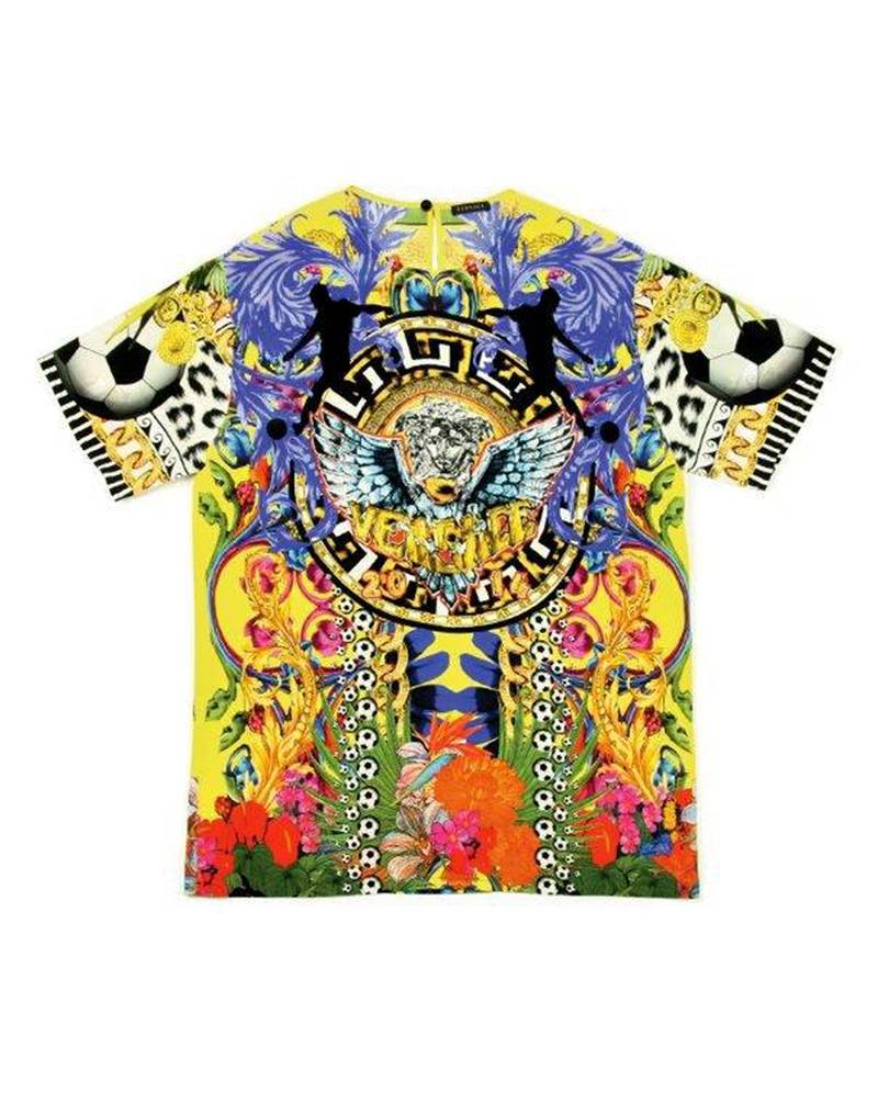 To celebrate the games, Donatella Versace has designed a unisex T-shirt combining football and the label’s vivid iconography. The Italian house has created a one-off baroque print incorporating the colours of a Brazilian carnival, footballs, players and flowers. As you might expect, the design also features Versace’s Medusa head, gold chains and a touch of leopard print. Courtesy Versace