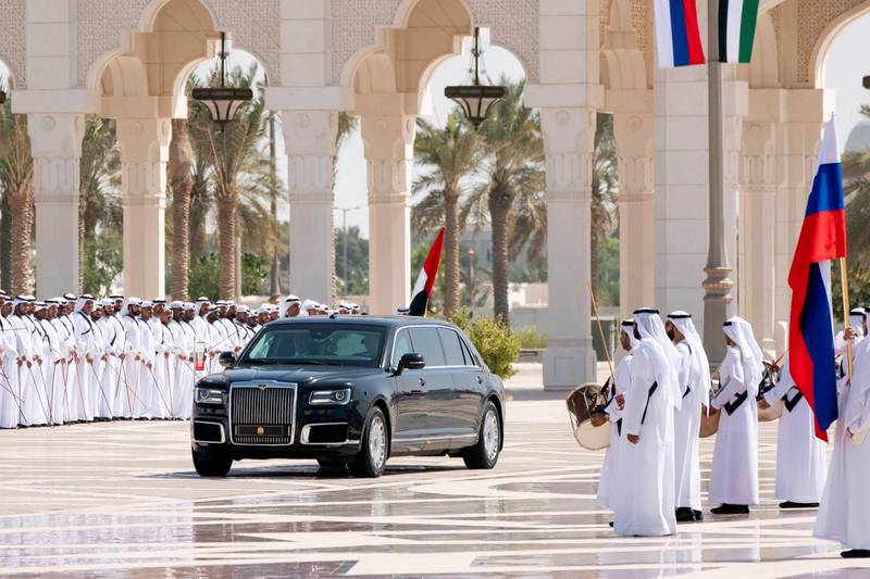 Mohamed bin Zayed receives Russian President Vladimir Putin at Qasr Al Watan, commencing a state visit to the UAE. Mohammed bin Zayed twitter account