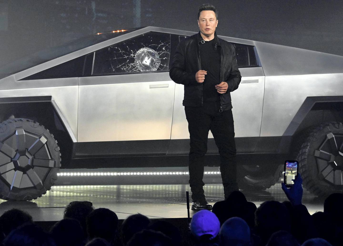 Nov 21, 2019;  Hawthorne, CA, U.S.A; Tesla CEO Elon Musk unveils the Cybertruck at the TeslaDesign Studio in Hawthorne, Calif. The cracked window glass occurred during a demonstration on the strength of the glass. Mandatory Credit: Robert Hanashiro-USA TODAY
