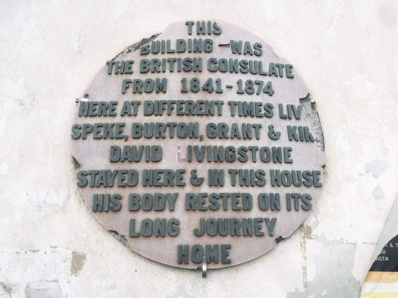 A plaque on the former British consulate in Stone Town commemorates Speke and Burton. Courtesy James Hanning