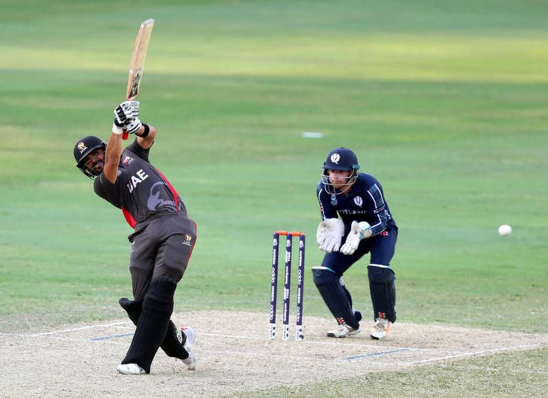 Dubai, United Arab Emirates - October 30, 2019: UAE's Rameez Shahzad bats during the game between the UAE and Scotland in the World Cup Qualifier in the Dubai International Cricket Stadium. Wednesday the 30th of October 2019. Sports City, Dubai. Chris Whiteoak / The National