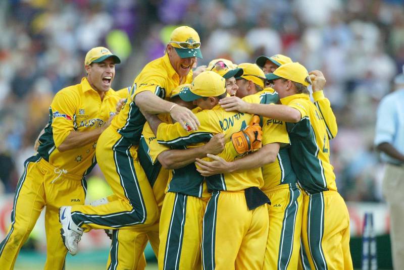 JOHANNESBURG - MARCH 23:  Moment of Victory Australia celebrate after Lehmann caught Zaheer Khan of India to complete an Australian victory in the ICC Cricket World Cup Final between India and Australia at the Wanderers in Johannesburg, South Africa on March 20, 2003. (Photo by Mike Hewitt/Getty Images)