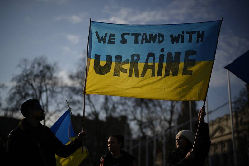 Protesters against the Russian invasion of Ukraine. AP Photo