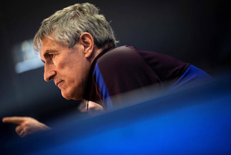 Quique Setien attends a press conference in Barcelona on the eve of the Copa del Rey match against Athletic Bilbao. EPA