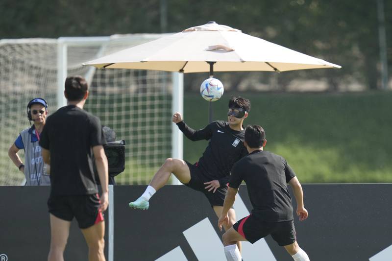 Son Heung-min controls a ball during South Korea's training session. AP