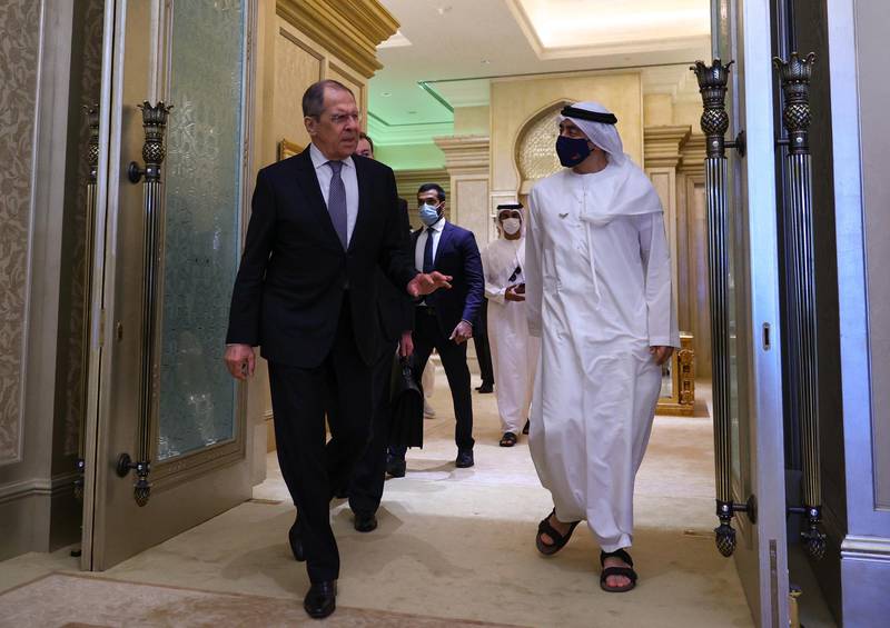 Sergei Lavrov and Sheikh Abdullah bin Zayed pictured in Abu Dhabi on March 9, 2021. Courtesy: Russian Foreign Ministry / EPA