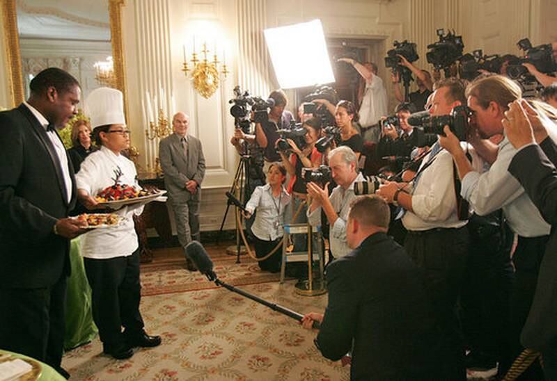 Ms Comerford hosts a media preview of an official dinner in honour of the Japanese prime minister, hosted by George W and Laura Bush. Photo: National Archives
