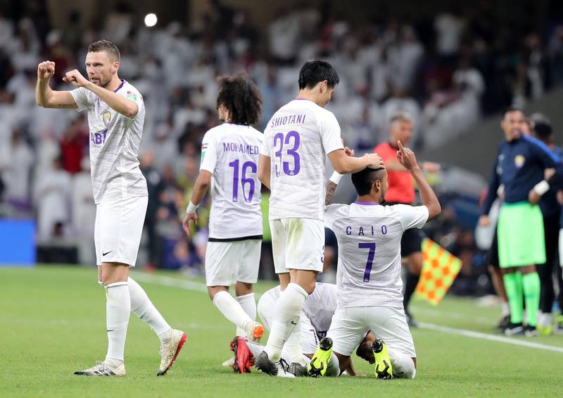 Al Ain, United Arab Emirates - December 18, 2018: Caio of Al Ain celebrates his goal during the game between River Plate and Al Ain in the Fifa Club World Cup. Tuesday the 18th of December 2018 at the Hazza Bin Zayed Stadium, Al Ain. Chris Whiteoak / The National