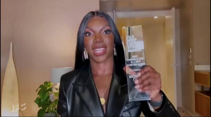 Michaela Coel accepts the award for Best Ensemble Cast in a New Scripted Series for 'I May Destroy You' in this screen grab from the 36th annual Film Independent Spirit Awards in Los Angeles on April 22. Reuters